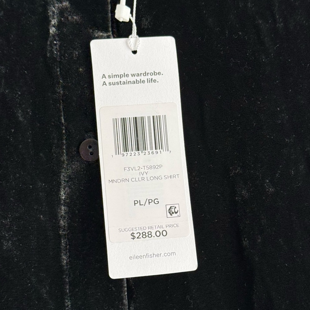 NWT Eileen Fisher Mandarin Collar Long Shirt Silk Ivy Crushed Velvet PL Petite L - Picture 10 of 16